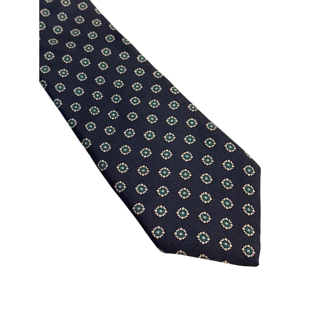 Vintage Made in California Silk Tie Navy Emerald Pattern 56” Long